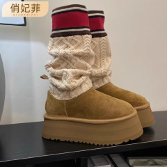 毛皮一体雪地靴高筒毛糸筒冬女性金2023新松餅厚底高長靴女潮