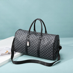 Korean version of new men's large-capacity short trip business travel luggage bag trend black check handbag shoulder bag for men 