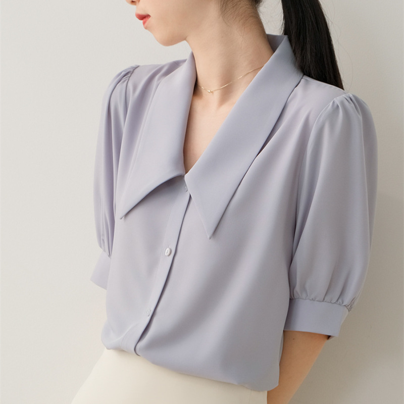 Pointed Collar Blue Short Sleeve Shirt Women's Summer New French Style Elegant Casual Design Niche Shirt Draping Top Pointed Collar Blue Short Sleeve Shirt Women's Summer New French Style Elegant Casual Design Niche Shirt Draping Top
