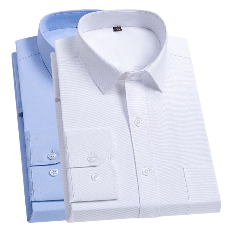 Men's Long-Sleeved White Shirt, Business Solid Color Cotton Breathable Shirt, Professional Wear for Young and Middle-Aged People, Formal Wear, No-Iron Workwear