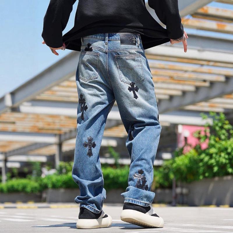 跨境克罗伈 & CH ss25顶级品质男式牛仔裤印花刺绣磨破现货一件代|undefined