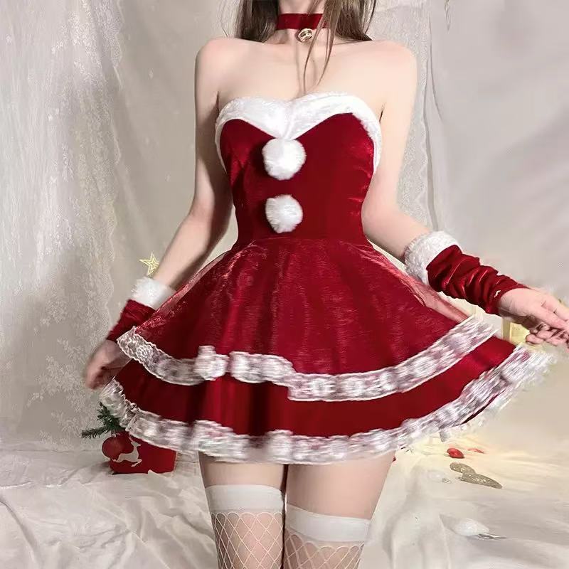 Yelanfeng Christmas Costume Bunny Girl Cos Suit Sexy Tube Top Dress Christmas Velvet New Year Nightgown A90