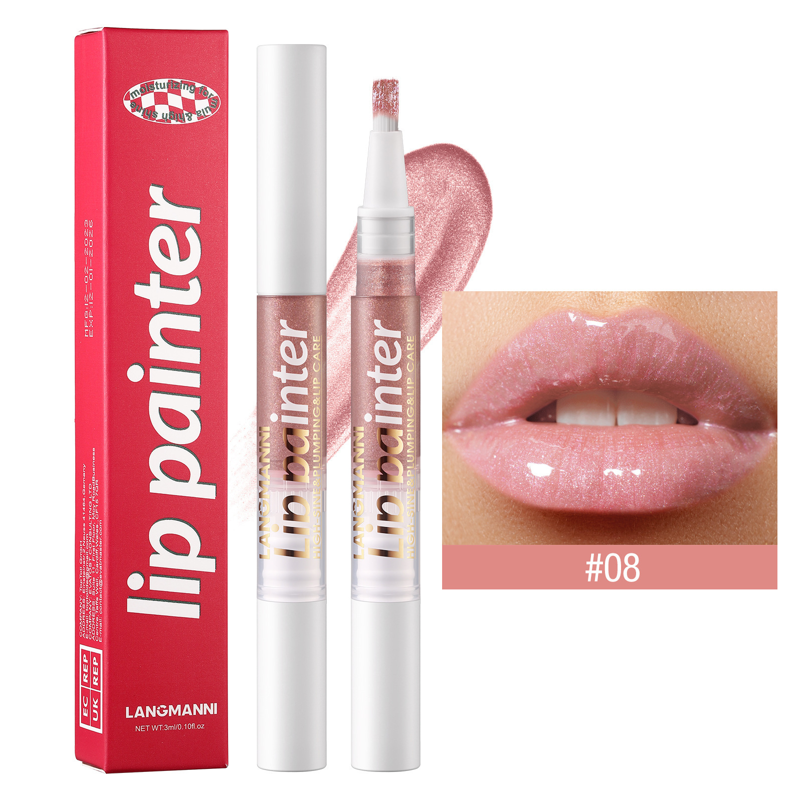 LANGMANNI nuevo brillo de labios giratorio perlado fácil de colorear brocha suave brillo de labios flash
