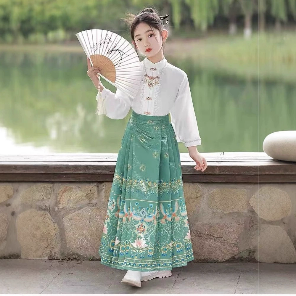 Лошадь юбка для девочек осенний сезон детский Hanfu 2024 новый старинный костюм осенняя маленькая девочка в китайском стиле