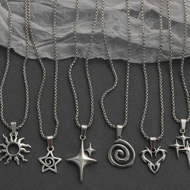 One Set/6 Pieces of Cross-Border Star-Shaped Y2K Necklace Stainless Steel Necklace Punk Exquisite Y2K Necklace Thick Chain Necklace