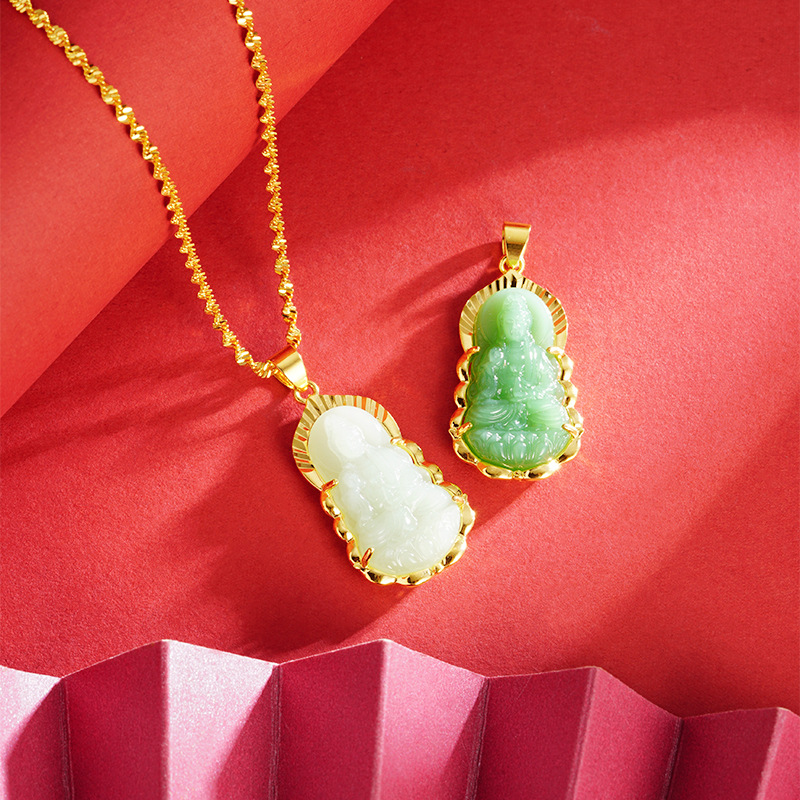 La Arena de oro vintage aceite verde hielo verde Guanyin colgante no se desvanece durante mucho tiempo con incrustaciones de oro de jade Guanyin Buda colgante transfronterizo venta al por mayor