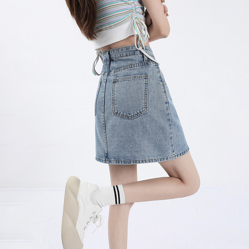 001 Japanese-style college casual high-waisted denim short skirt for women, spring and summer, loose and versatile A-line mini skirt for petite figures