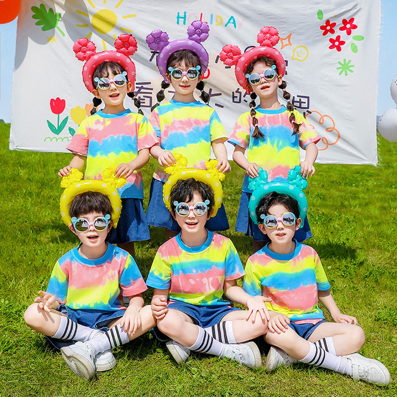 幼兒園園服夏季彩虹條紋棉質短袖運動班服小學生校服畢業照演出服