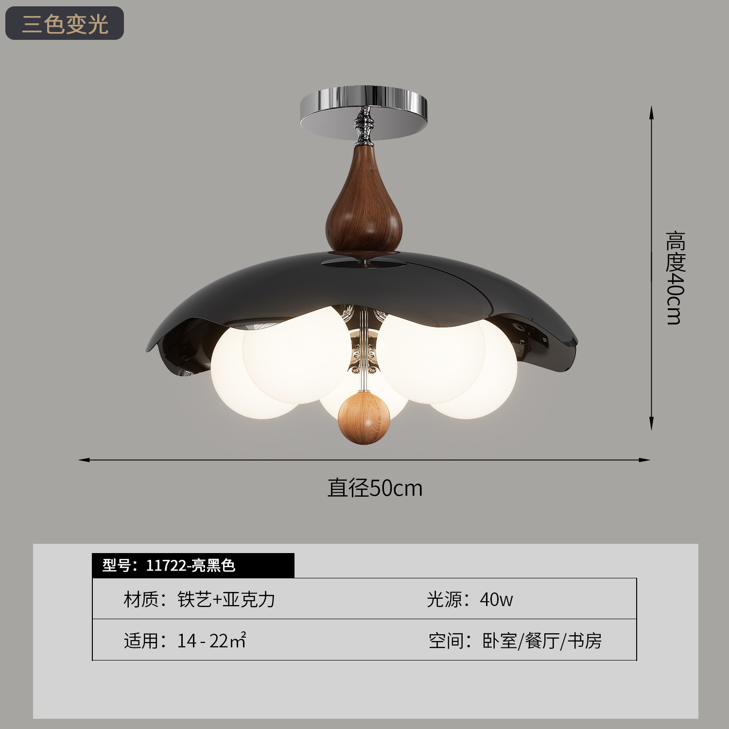 Brillante Negro - Tricolor Dimmable - 40W - Espectro completo