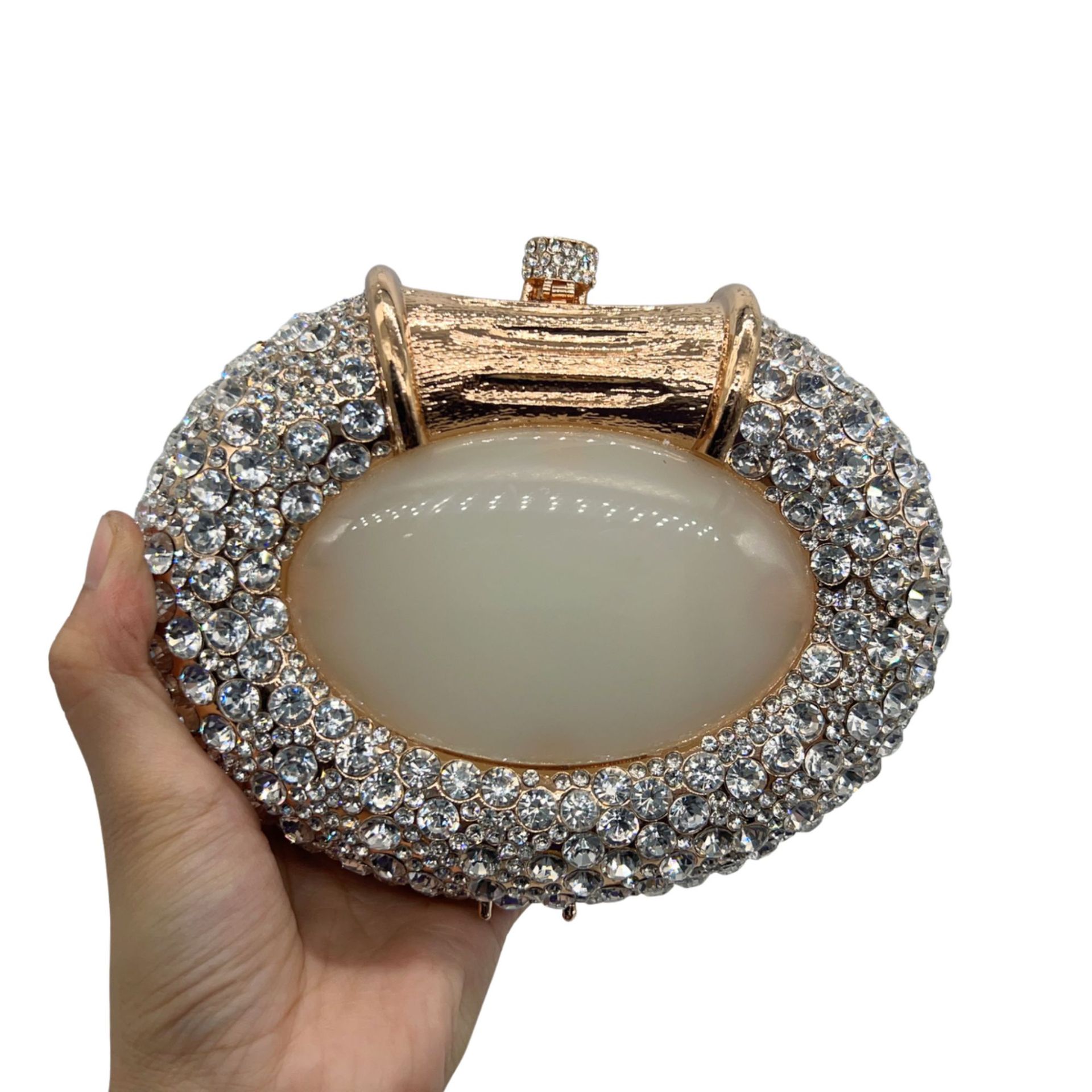 Túi clutch nữ hình bầu dục mắt mèo đính kim cương giả dự tiệc — Kim cương trắng trên nền vàng, màu vàng pha lê, vàng vàng, Bạc AB chi tiết 3