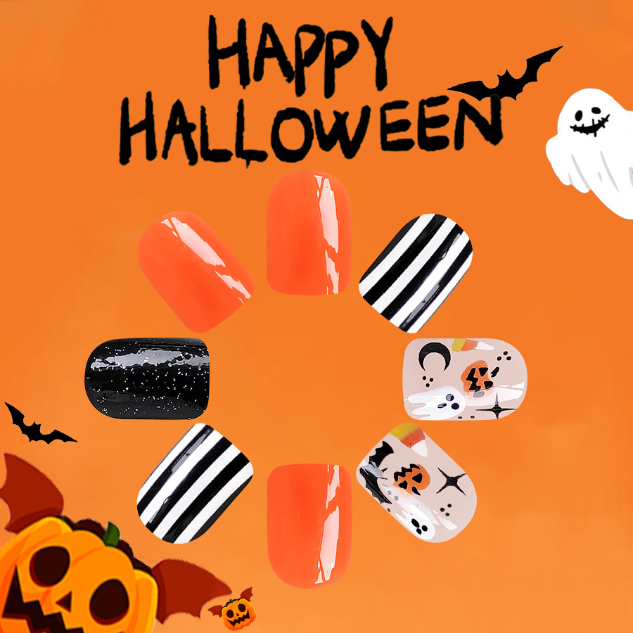 Short Square Armor Ghost Striped Pumpkin Bat Halloween Element French Pumpkin Color Contrast False Nails 24 Pieces_voghion.com