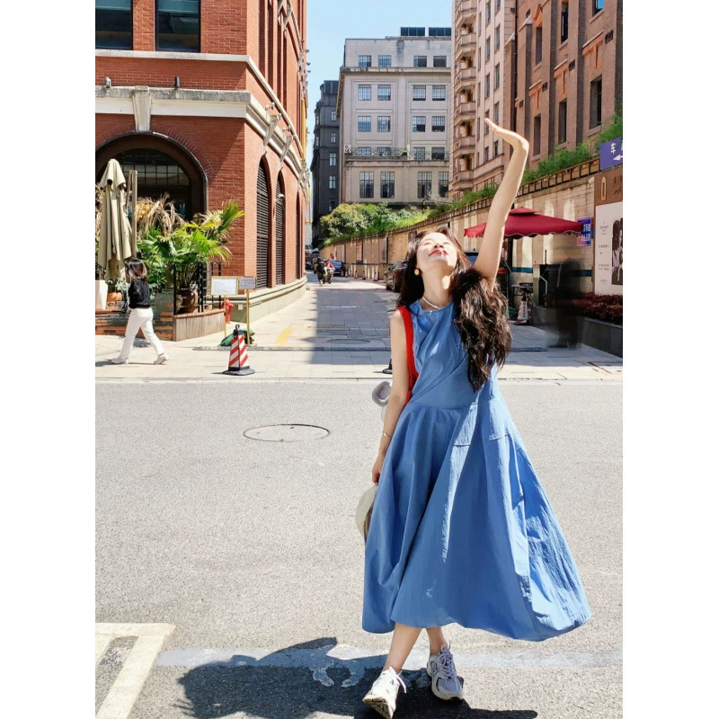 Художественное синее женское платье без рукавов в японском стиле, новое летнее миниатюрное супер красивое длинное платье трапециевидной формы в стиле Мори для похудения