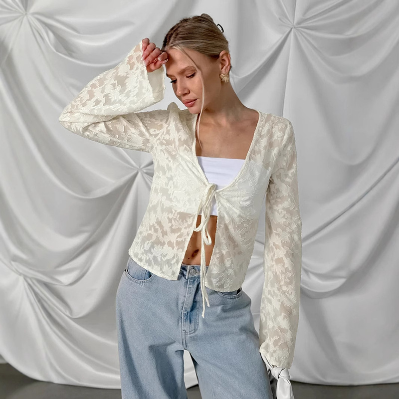 2025 Summer Bohemian Apricot Lace Cardigan Top Women's Foreign Trade Casual Bell Sleeve Shirt Wholesale Women's Clothing