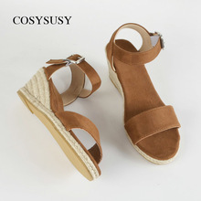 跨境草编麻绳坡跟凉鞋女欧美一字高跟凉拖鞋ESPADRILLES WEDGES