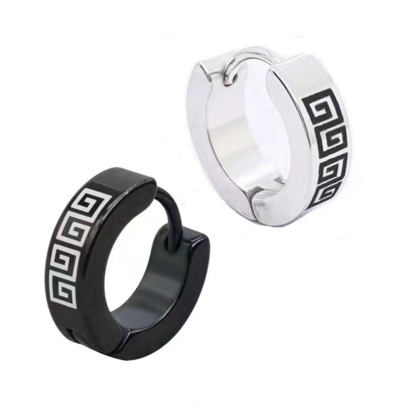 Cross-Border Stainless Steel Men's Ear Buckles, Personalized Ear Bone Nails, Glossy Laser Pattern Earrings, Men's and Women's Earrings Factory Direct Sale