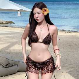 2026新款性感辣妹欧美风两边系绳三点式比基尼三件套分体游泳衣女