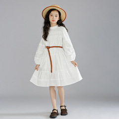 2023秋季新款女童連衣裙公主裙白色長裙蕾絲拼接花邊洋氣兒童裙子