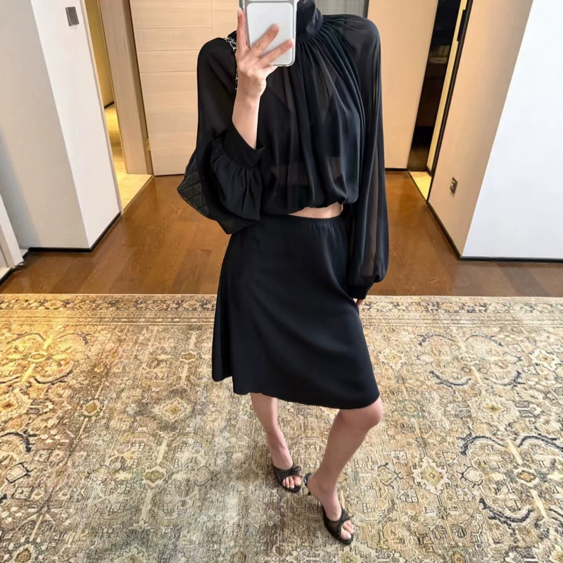 In Stock: Elegant Women's Black Chiffon Slightly Sheer Ruched Short Chiffon Long-Sleeve Shirt and Low-Waist Chiffon Fishtail Skirt