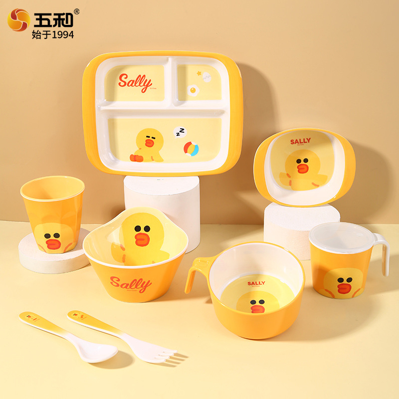 Wuhe Sally Chicken Melamine Children's Tableware Anti-Scald Cartoon Style Baby Food Bowl Multi-Compartment Plate Water Cup Spoon Fork