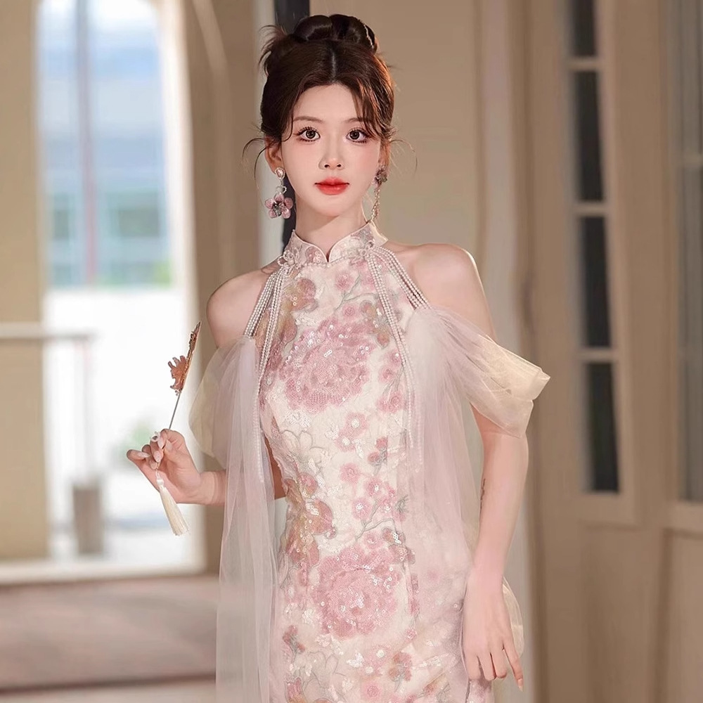 粉色甜美新娘敬酒服新款订婚改良旗袍礼服裙轻奢设计感成人礼礼服
