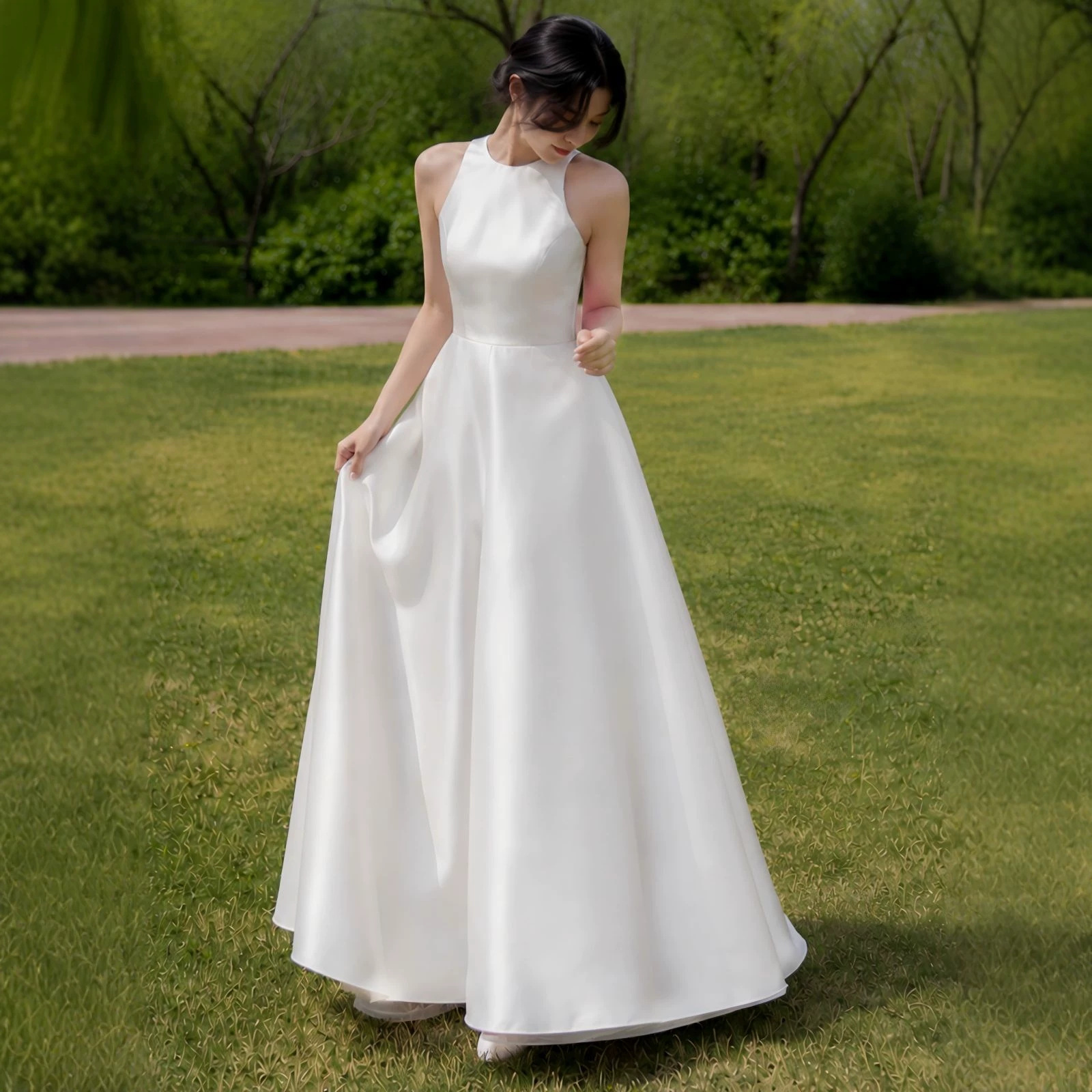 Lightweight Satin Wedding Dress, Simple Mikado Style, Niche High-End Feel, Outdoor Travel Photography, High-Neck Sleeveless Long Backless Gown for Women