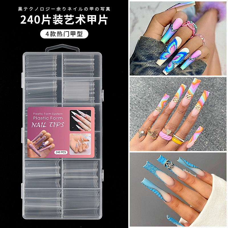 Pieza de uña extra larga pieza de uña de perro delgada 240 piezas en caja transparente pegatina completa parche de uñas falsas XXL uñas de mezclilla