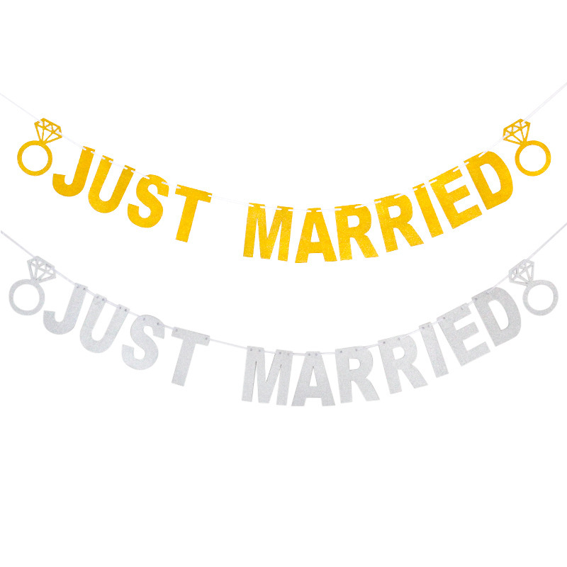 Partido de la boda tire bandera suministro directo de fábrica papel brillo oro plata JUSTMARRIED anillo carta tire flor