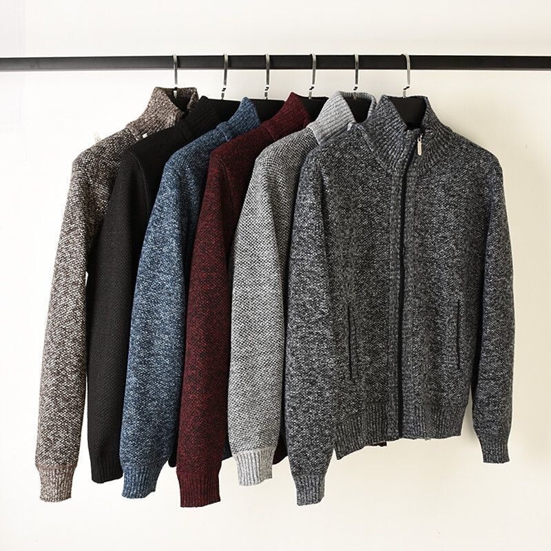 Get Fleece! Factory Cut Label Tail Goods Men's Winter Casual Stand Collar Simple Versatile Knitted Cardigan Blue Gray