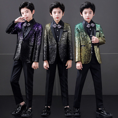 Children boys green purple sequined jazz singer host stage performance blazers suit British chorus host dress suit boy piano catwalk shows performance coat and pants and neck tie