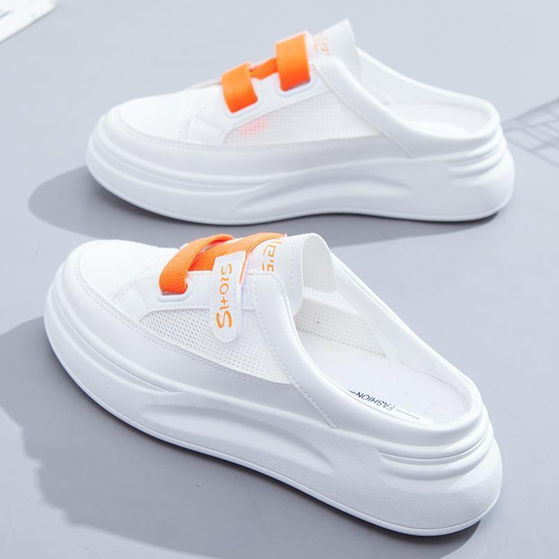 Semi-pantuflas zapatos de mujer 2025 verano nuevo estilo de malla única transpirable zapatos de red sandalias de todo fósforo ropa exterior pequeña sección delgada blanca