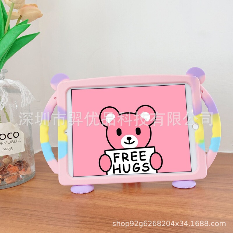 Rainbow Heart Bear Silicone Cartoon Case for iPad mini6, Samsung T515, air5 Tablet Protective Cover with Handle