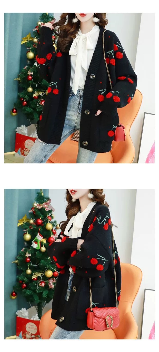 Women's Cardigan Long Sleeve Sweaters & Cardigans Pocket Fashion Cherry display picture 1