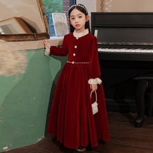 女童紅色禮服兒童生日長袖公主裙花童主持人走秀鋼琴演奏演出秋冬