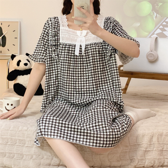 Comercio exterior 2023 camisón de encaje de verano de las mujeres de manga corta de una sola pieza vestido pijamas lindo estudiante Delgado homewear al por mayor