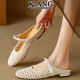 Cowhide Hand-Woven Toe-Cap Half Slippers for Women to Wear Outside in Summer with Skirts, Thick-Heeled Sandals, Cut Out Hole Shoes