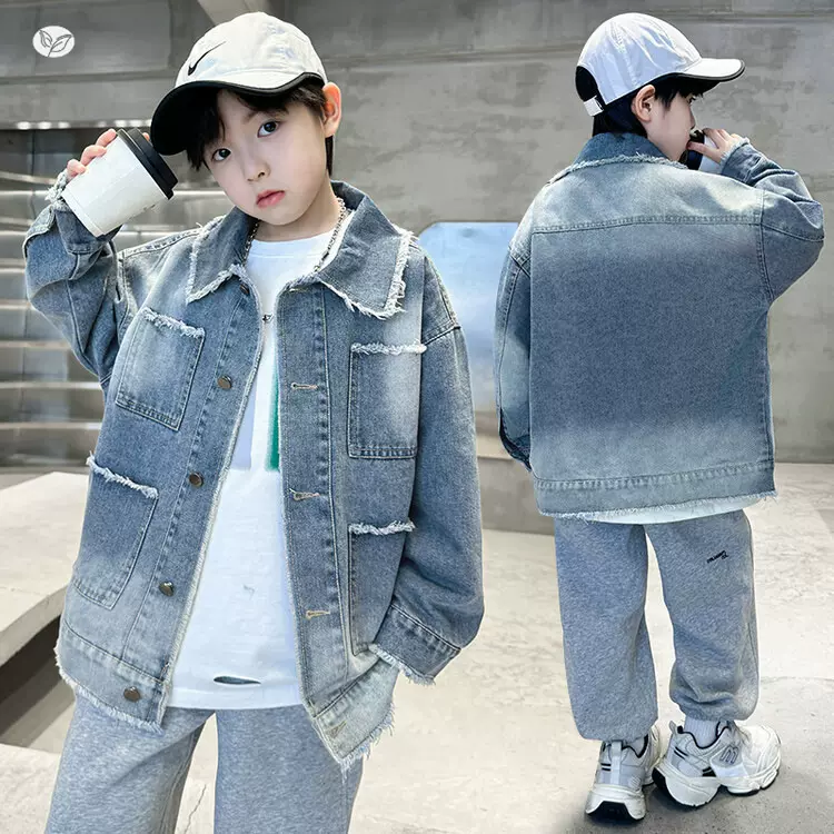 男童牛仔外套2025年秋季新款翻领毛边夹克衫中大童长袖上衣春秋潮