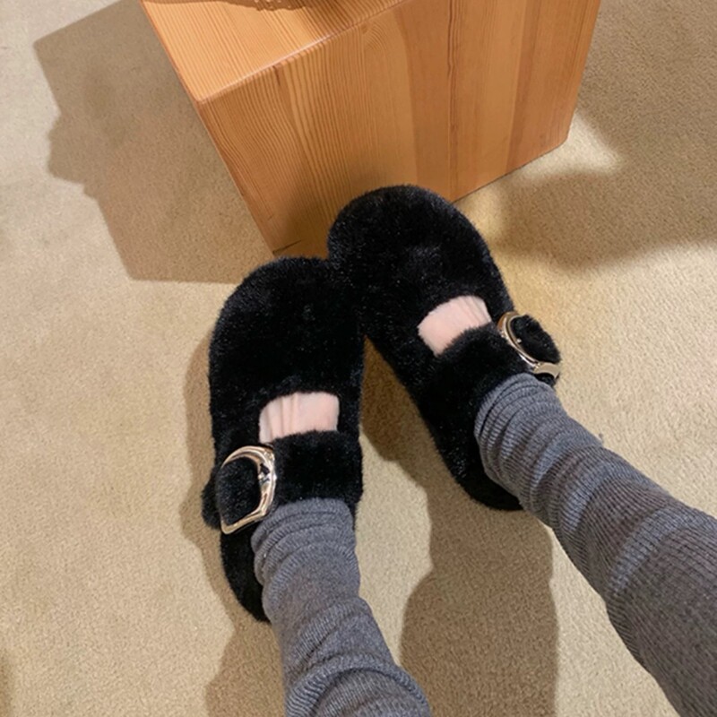 Rock Sweet House Leopard Print Fur Slippers for Women 2025 Autumn and Winter New Thick-Soled Buckle Strap Warm Versatile Birkenstock-Style Trendy Shoes