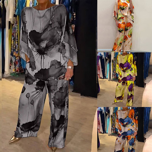 Independent station Spring European and American women's clothing temperament elegant floral bat sleeve wide-leg pants fashion set 661