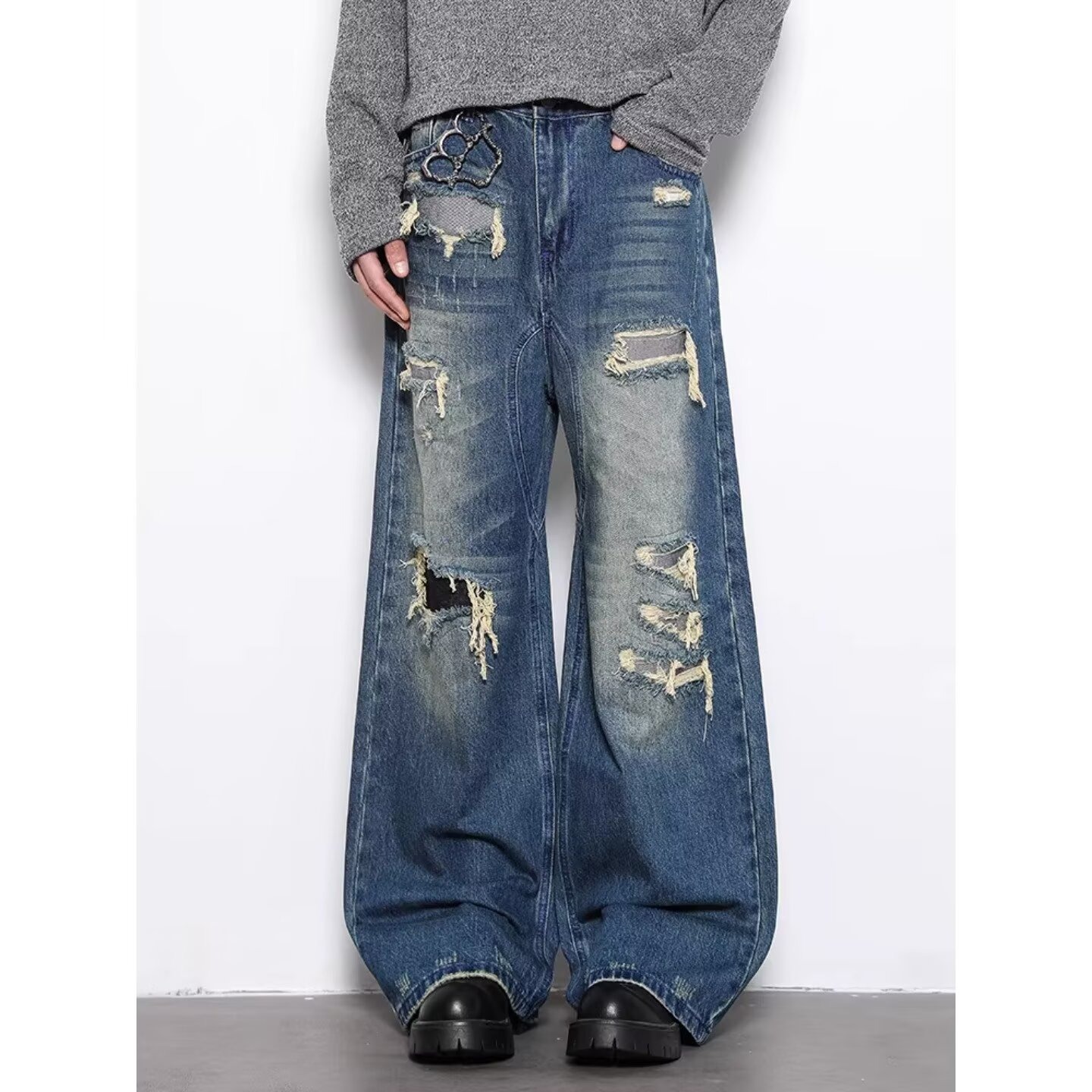 Men's High-End Retro Distressed Ripped Camouflage Patchwork Wide Leg Jeans Loose Fit Floor Length Pants_mkmklike.com