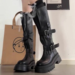 羊皮版~厚底皮带扣时装靴女2025秋冬新款时尚感百搭骑士长靴