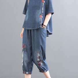 薄印花韩版夏复古水洗遮肉新款2026牛仔套装女宽松洋气两件套拼接