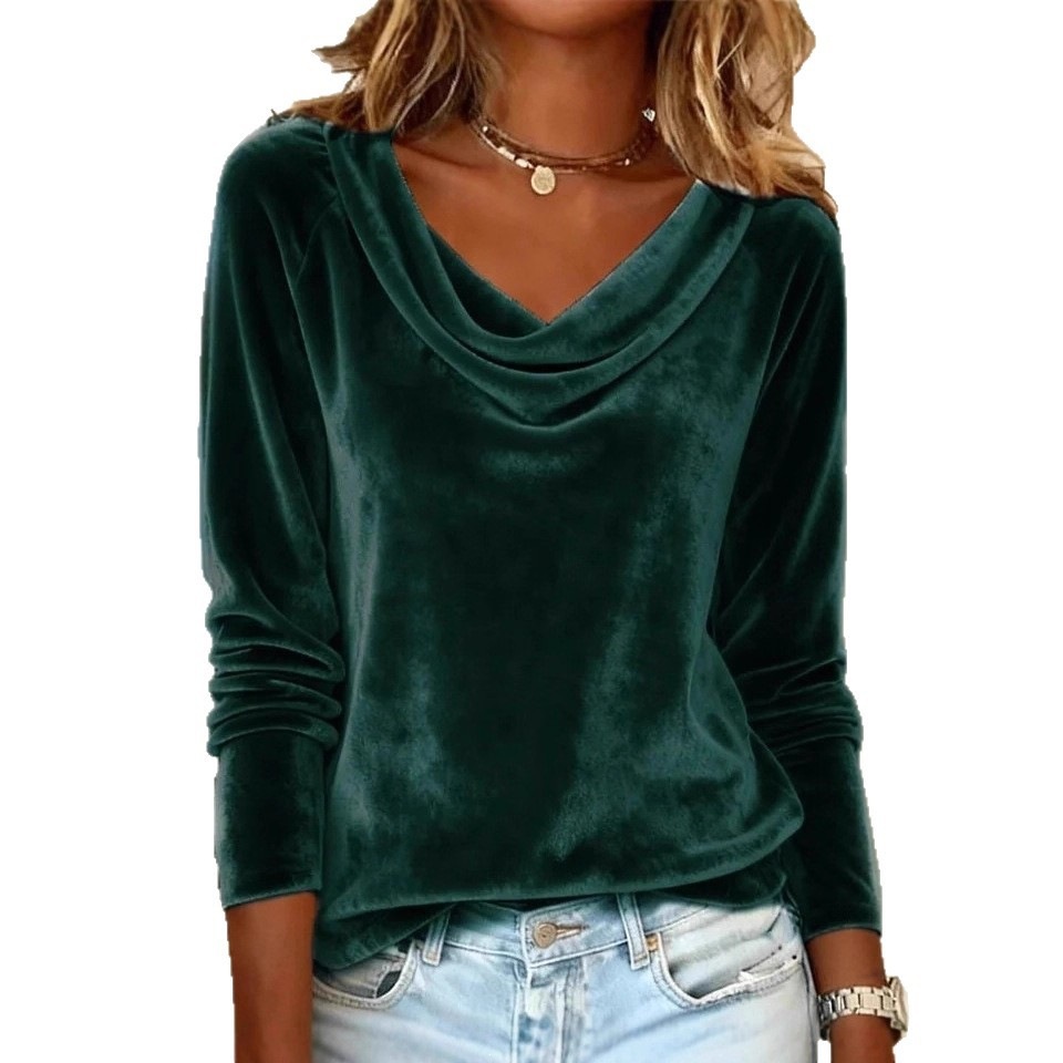 Women's Clothing Velvet Cowl Neck Long Sleeve T-Shirt, Elegant Solid Color Top For Casual And Evening Wear_ecoleips.com