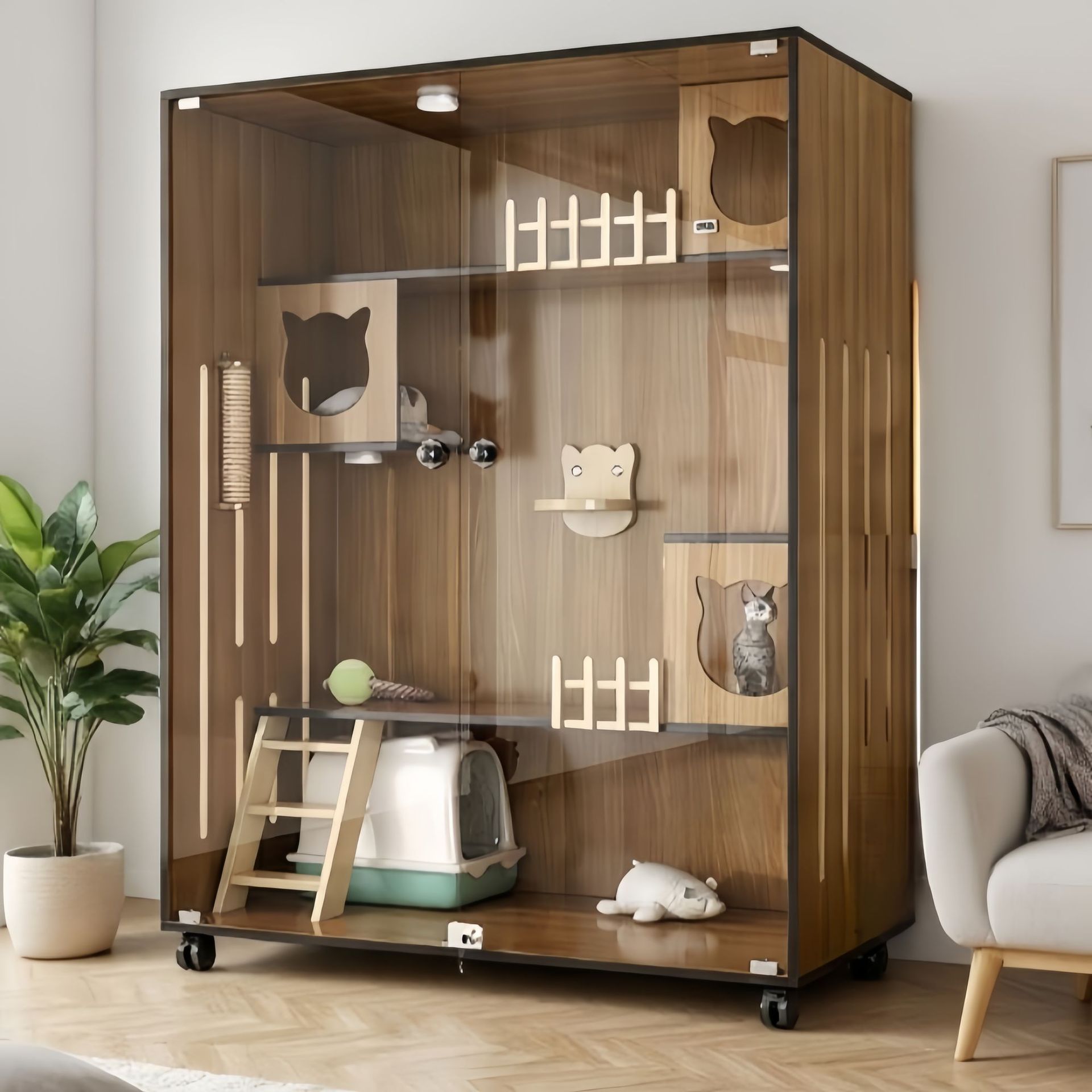 Cat Villa with Extra-Large Space, Warm Multi-Layer Panoramic Cat Cage, Luxurious Home-Use Breathable Eco-Friendly Wooden Cat Cage and Cat Nest