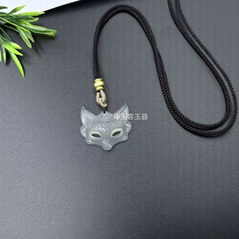 新款天然玛瑙玉髓狐狸面罩项链国风美学狐狸蓝玉髓吊坠玉石饰品|undefined