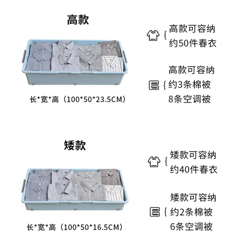 Under-the-bed storage box large plastic wheeled flat household quilt organizer under-bed clothes storage box storage box