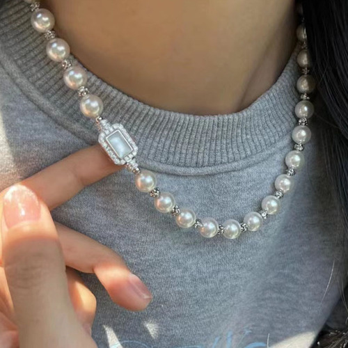 Abalone shell treasure box clasp Shi Jia pearl necklace, many genuine grayish-purple necklaces for women, minimalist style, round shape, strong light sweater chain