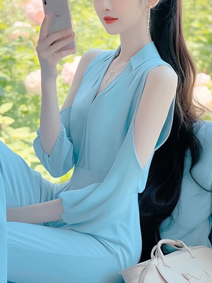 Áo liền quần jumpsuit nữ hở vai phong cách Pháp Hepburn — Màu xanh lam nhạt, Màu hồng, Màu xanh lam chi tiết 4