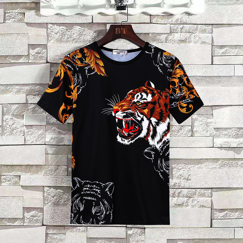 Summer Men's Short-sleeved T-shirt Tiger Print Pattern Half-sleeved Ice Silk Base Shirt Slim-fit Men's Crewneck Trendy Men Summer Men's Short-sleeved T-shirt Tiger Print Pattern Half-sleeved Ice Silk Base Shirt Slim-fit Men's Crewneck Trendy Men