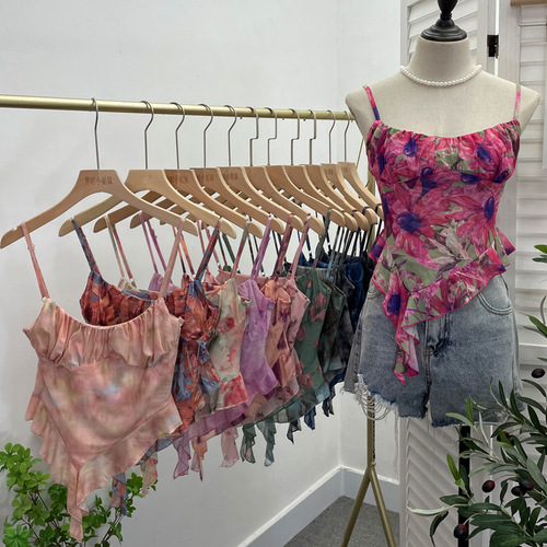 Real shot hot girl tube top irregular camisole slim fit printed mesh sleeveless top wholesale 8950