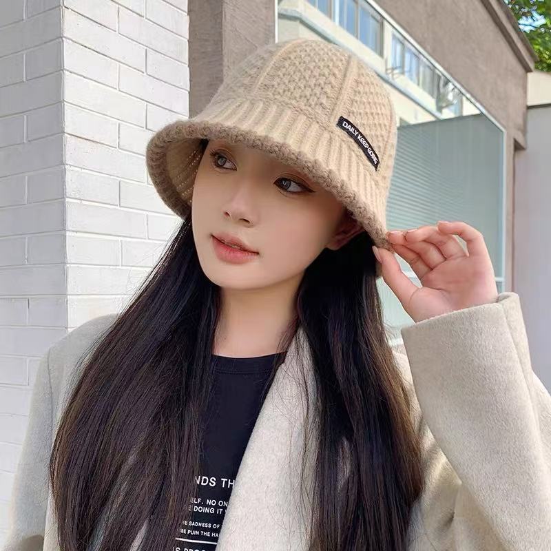 韩版毛线渔夫帽女秋冬保暖贴布字母盆帽时尚气质百搭针织水桶帽子|undefined